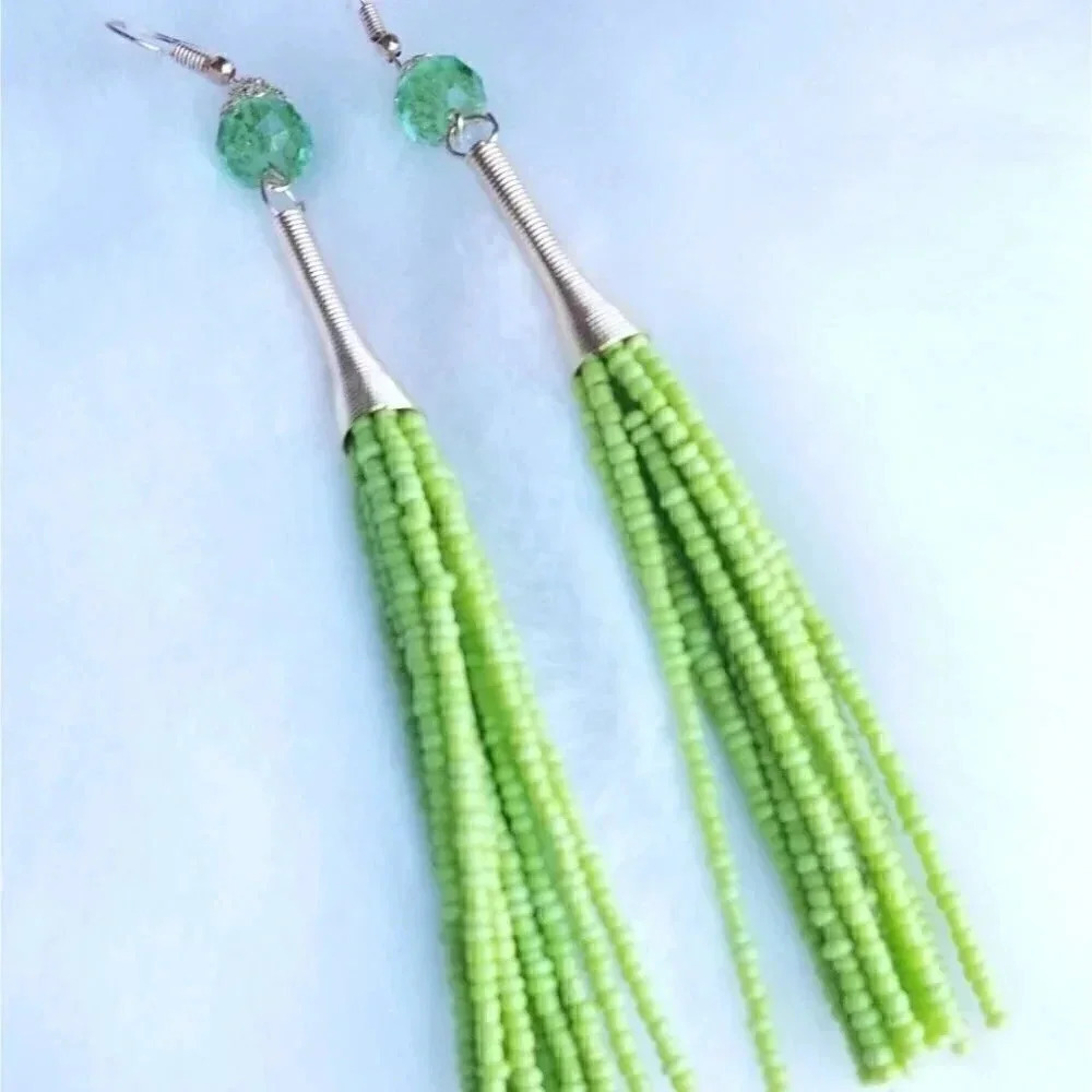 Green bead fringe earrings